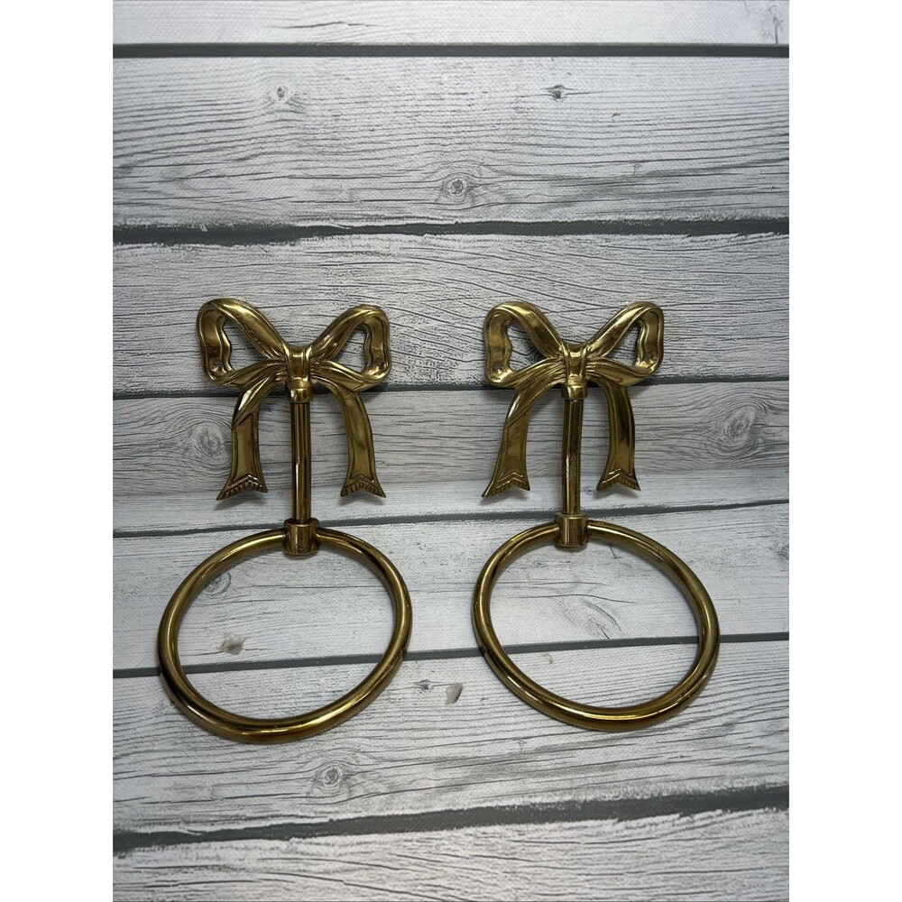 2 Vintage Mid Century Brass Bow Towel Holders Ring Wall Mount